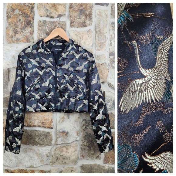 Lisa Von Tang Jackets & Blazers - Lisa Von Tang Stork Crane Jacquard Brocade Cropped Jacket Coat